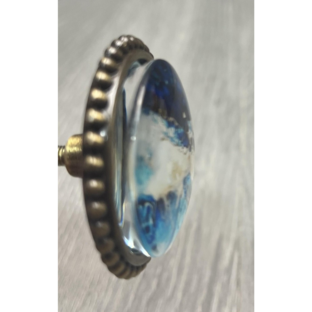 Set of 2 Round Blue White Dome Cabinet Knobs Drawer Pulls Antique Brass Marbled - Picture 8 of 9